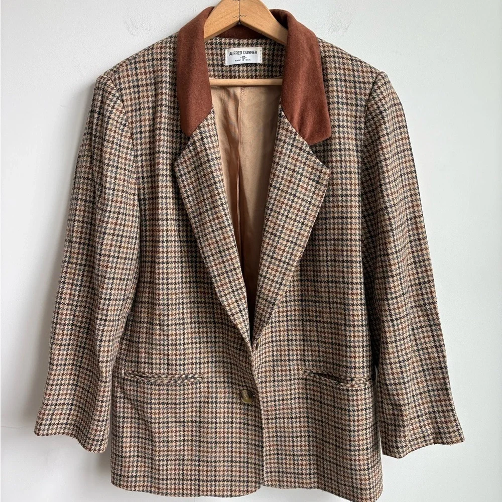 Vintage Alfred Dunner Brown Wool Blend Houndstooth Blazer Jacket Size 10